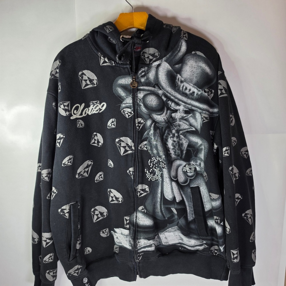 Vintage Lot 29 Sylvester Looney Tunes AOP Bling Zip Up Hoodie Mens L Y2K Black